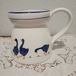 Vtg Cream white milk pitcher small Blue Geese Cottage Grandma Goose Ceramic